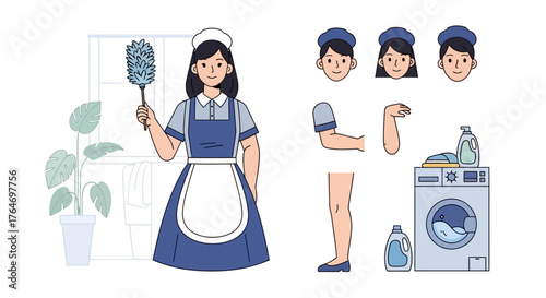Vector maid character parts for animation of cleaning tasks with cleaning supplies