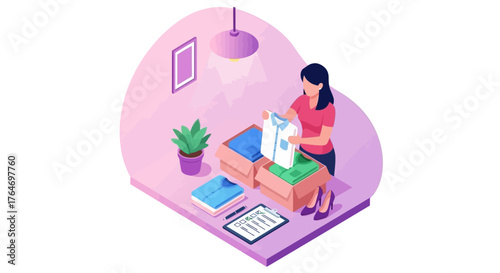 Woman folding laundry in an orderly fashion with plants and soft lighting, promoting cleanliness and organization