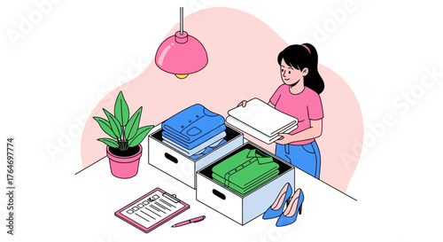 Woman Organizing Clothes in Boxes Decluttering and Sorting Wardrobe