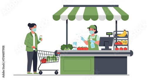 Safe Shopping During Pandemic Person in Mask at Grocery Store Checkout