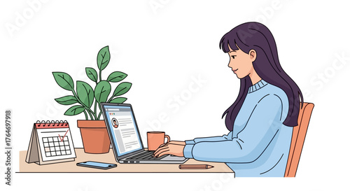 Woman working on laptop with calendar and plant on desk illustration