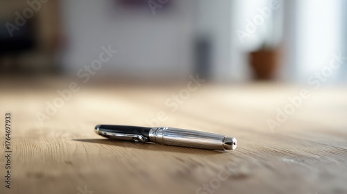 A single pen lying on a wooden desk with blurred background, professional workspace vibe.