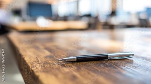 A single pen lying on a wooden desk with blurred background, professional workspace vibe.