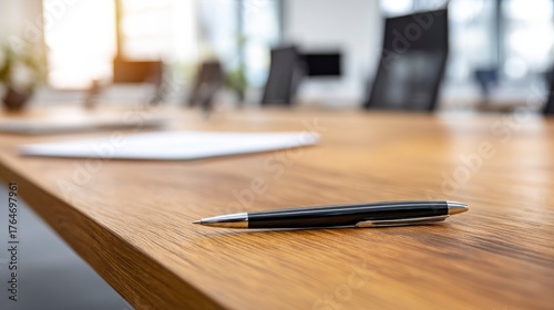 A single pen lying on a wooden desk with blurred background, professional workspace vibe.