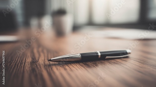 A single pen lying on a wooden desk with blurred background, professional workspace vibe.
