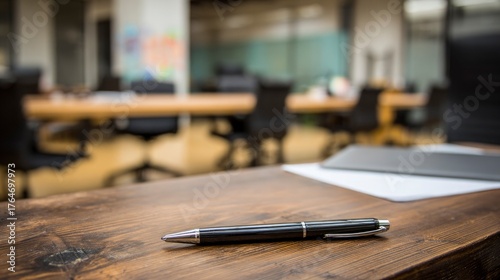 A single pen lying on a wooden desk with blurred background, professional workspace vibe.