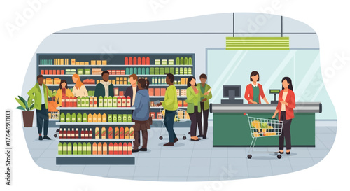 Busy Grocery Store Scene with Customers and Shelves