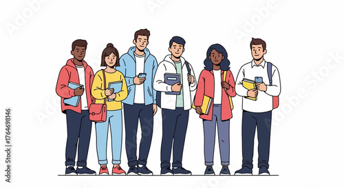 Group of diverse students standing together, ready to learn and achieve their academic goals