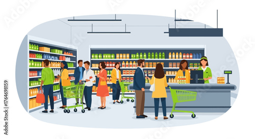Grocery Store Scene with Customers and Cashier at Checkout