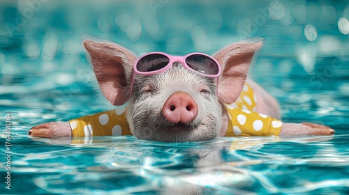 Funny piglet wearing sunglasses and a polka-dot swimsuit floats peacefully in a swimming pool, radiating summer vacation vibes.

