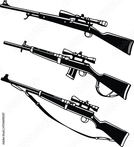Three distinct sniper rifles with scopes showcased in a dynamic, clean lineup, perfect for military or tactical concepts.