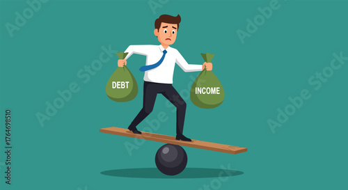 Businessman balancing debt and income on a seesaw.