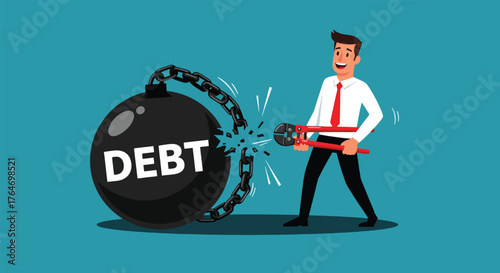 Businessman Breaking Free from Heavy Debt Ball with Tools.