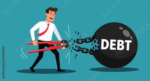Businessman cutting chains of a large ball labeled DEBT with bolt cutters.