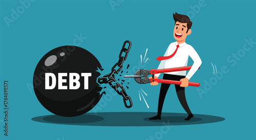 Businessman cutting the chain of a large ball labeled DEBT with large red cutters.