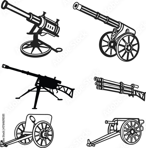 Vintage artillery and machine gun illustrations showcasing historical warfare and military power