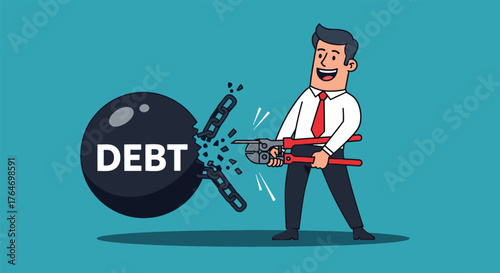 Businessman happily cutting a large black ball labeled DEBT with large red bolt cutters.