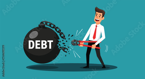 Businessman cutting the chain of a large debt bomb with bolt cutters.