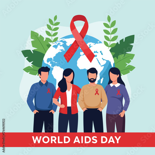 Diverse group of people wearing red ribbons for World AIDS Day awareness.