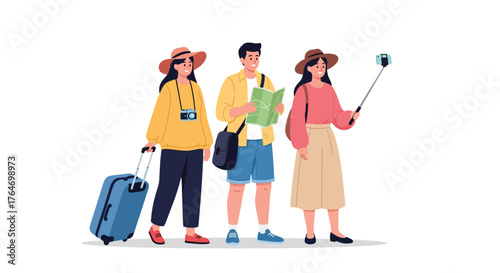 Diverse group of tourists with luggage, map, and selfie stick.