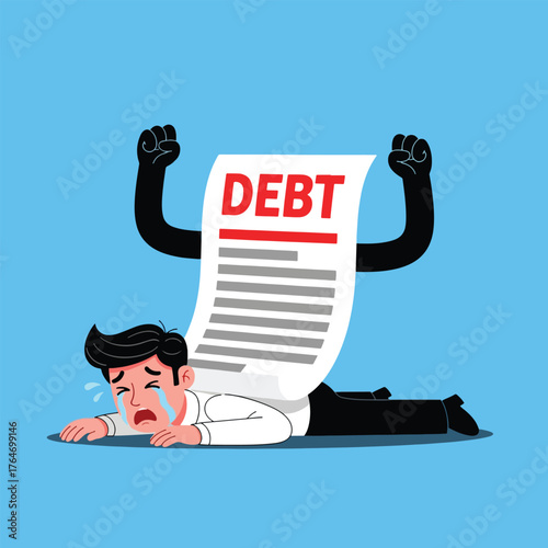 Overwhelmed Businessman Crushed by Debt Document with Fists.