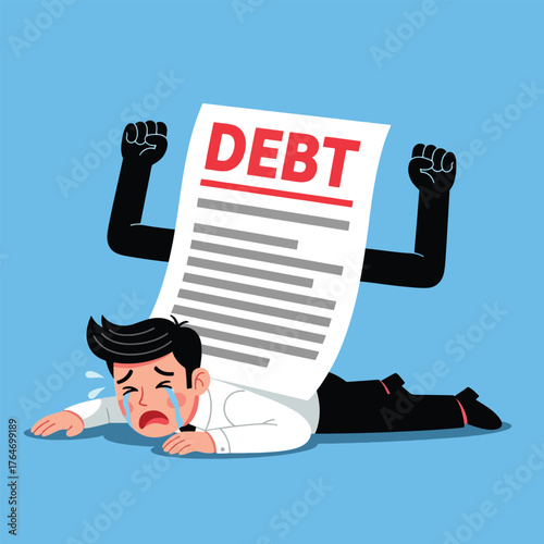 Overwhelmed Man Crushed by Giant Debt Document with Fists.