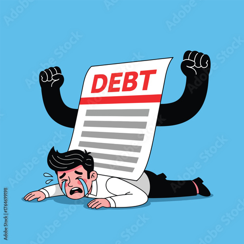 Overwhelmed Man Crushed by Debt Document with Powerful Fists.