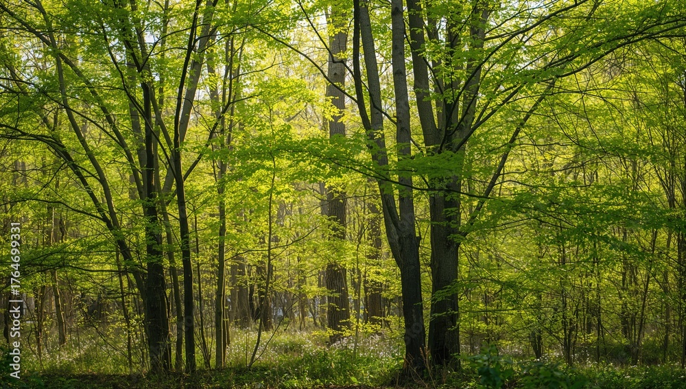 Obraz premium Springtime forest illuminated by natural sunlight