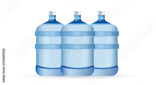 Large plastic water bottles standing side by side in clean background