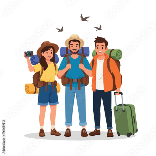 Three diverse travelers with backpacks and luggage ready for adventure.