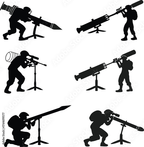 Dynamic silhouetted soldiers aiming powerful anti-tank missile launchers in combat readiness poses, ready for action