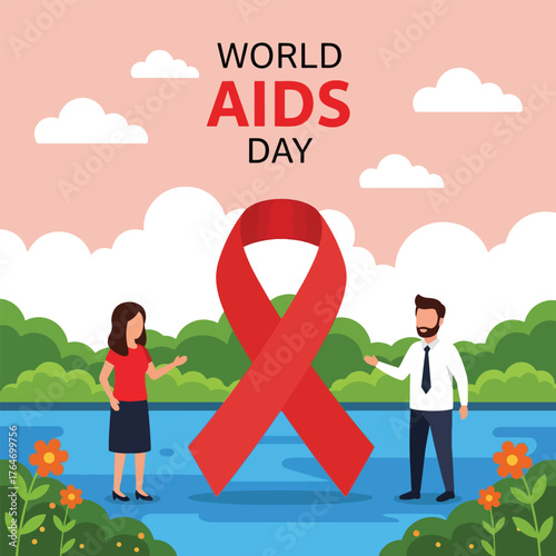 World AIDS Day awareness with red ribbon and diverse people.