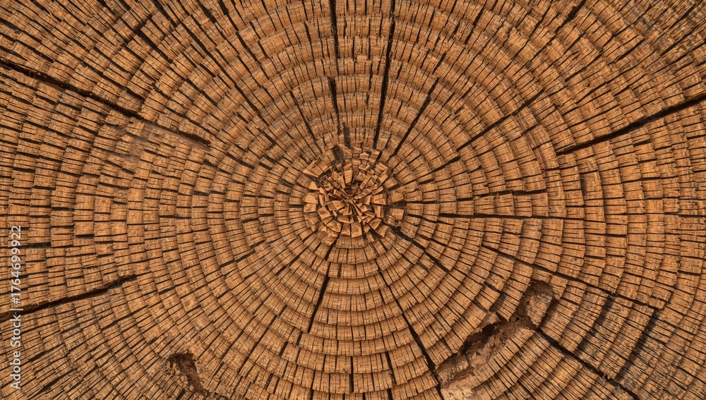 Fototapeta premium Close-up shot of an unlawfully felled mature pine in a forest setting. Concept of unauthorized logging. texture, nature, wood, tree, forest, circle, energy, industry, environment