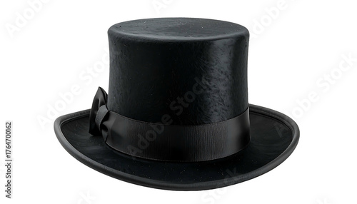 A sleek, tall, black top hat with a satin ribbon band and small bow, isolated against a plain black background