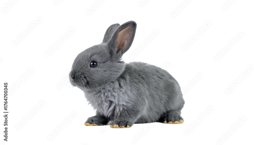 Obraz premium A small, gray bunny, with soft fur, sitting against a black background, looking alert