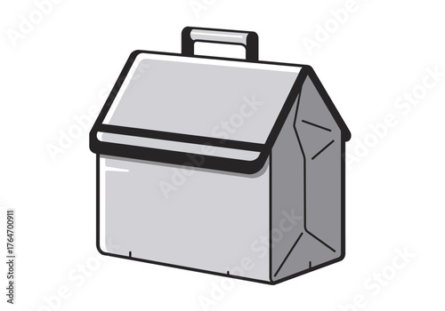A grey lunchbox with a handle sits on a white background
