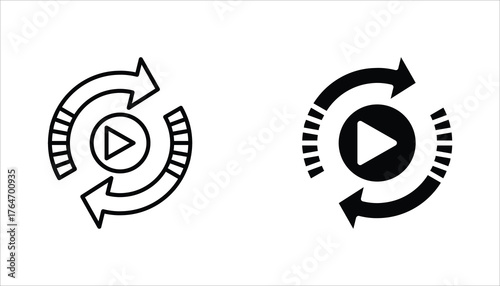 Replay icon set. Replay video button symbol. Replay video button icon for web design. Isolated on white background.