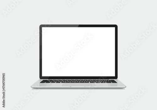 A laptop with a black keyboard and a blank white screen sits against a plain white background