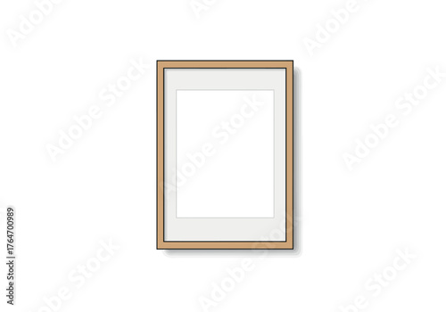 A light wood picture frame with a white matte and blank white center hangs over a shadow on a white background
