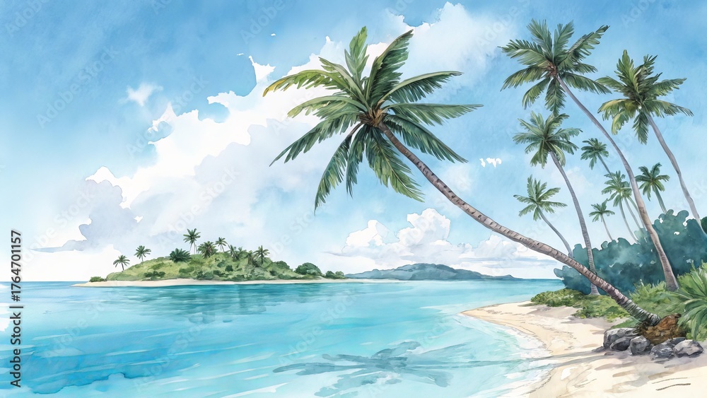 Obraz premium Watercolor illustration of a tropical beach with palm trees