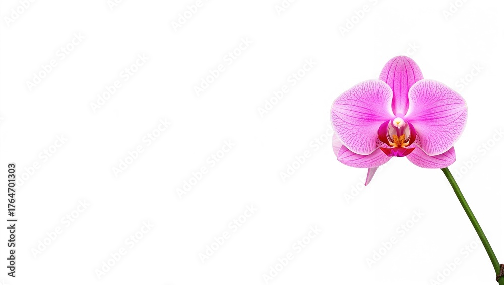 Obraz premium Bright horizontal photo of a lone pink orchid with ample empty area for text, perfect as a greeting card backdrop, flower, isolated, nature, spring, space, gift, white, beauty, garden