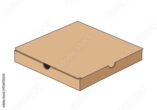 A tan cardboard pizza box closed angled in perspective with cutouts on two opposing sides