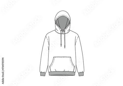 A technical drawing of a hoodie with a front pocket hood drawstrings and ribbed cuffs