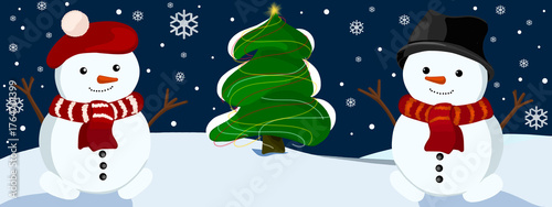 Two cheerful snowmen on the background of a New Year's landscape. Night. New Year's illustration.
