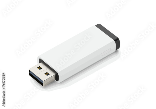 A white USB flash drive is shown at an angle on a white background