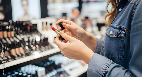 Cosmetics selection at beauty store woman choosing a red lipstick in a department store shopping for makeup products in a shop consumerism beauty and fashion 180