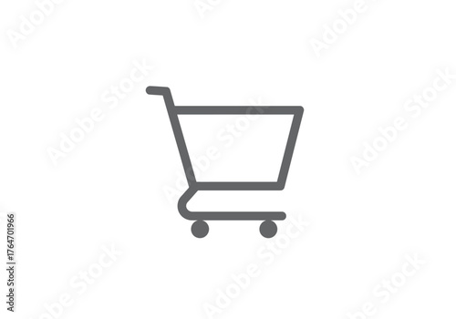 Gray shopping cart icon with handle basket outline  two wheels on a white background