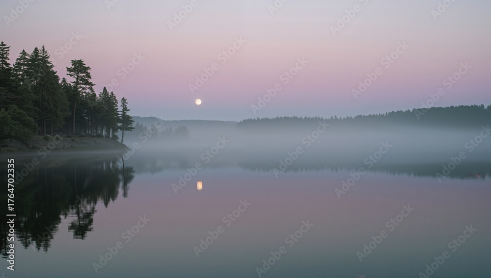 Fototapeta premium Sunrise over a misty lake with trees lining the shore and the moon mirrored on the water, showcasing a stunning summer scene perfect for eco-friendly outdoor activities.