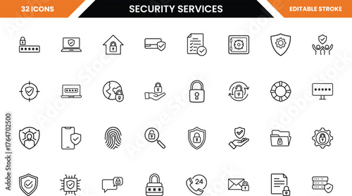 Security services icons collection with locks shields and technology symbols password