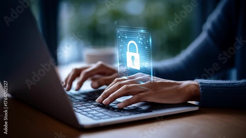 A person is using a laptop to work on a marketing project. A transparent digital lock symbol appears on the screen, emphasizing data security. The setting is a warm, cozy workspace.
